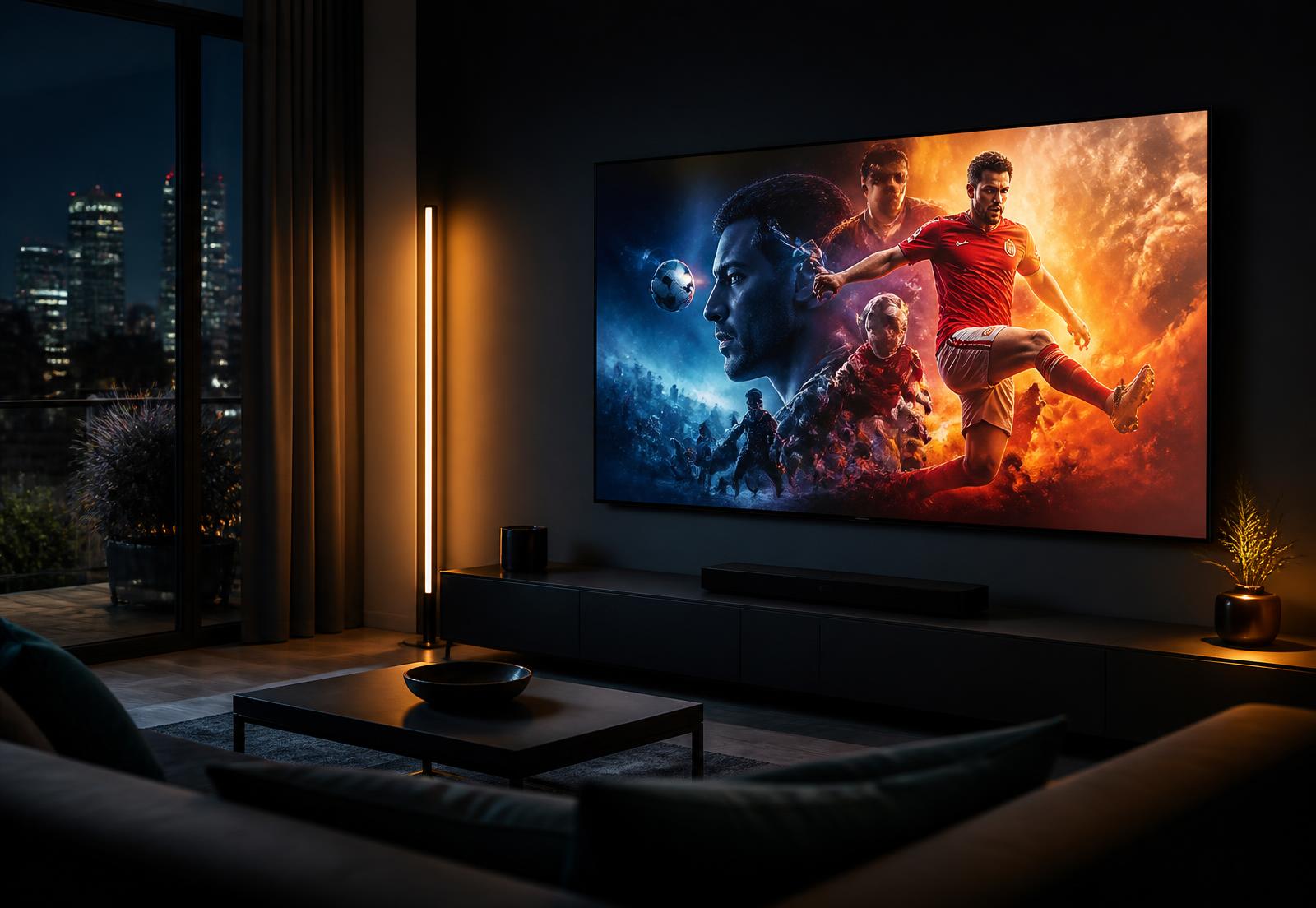Großer 4K-Fernseher im abendlichen Wohnzimmer zeigt eine Live-Sportübertragung
